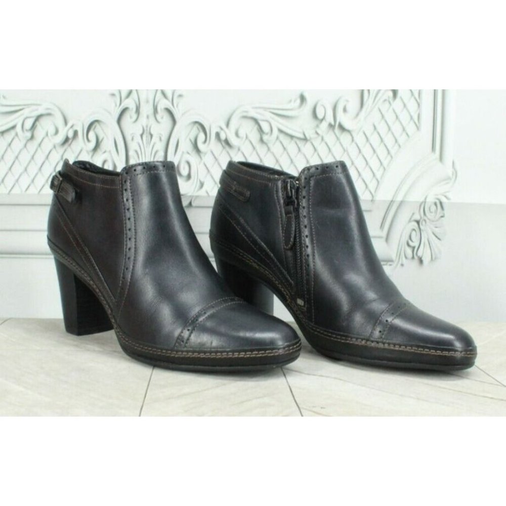 CLARKS Black Leather Strap Side Zip Heeled Ankle Booties Size 5 M - Picture 3 of 9